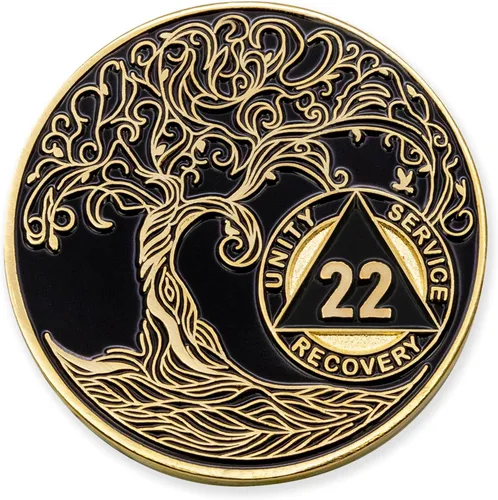 Vista 156 de 1 año Sobriety Mint Twisted Tree of Life Medallón de recuperación AA chapado en oro, chip/ficha - negro