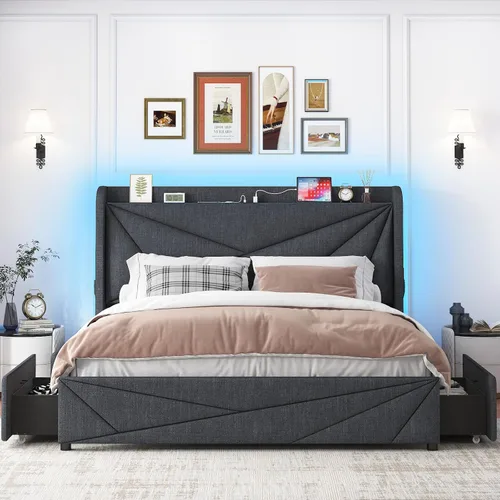 Vista 6 de Base de cama de almacenamiento tamaño Queen con 4 cajones de almacenamiento, base de cama tapizada con cabecera con alas LED copetudas, estación