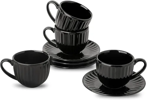 Hasense Juego de 4 tazas de espresso de 4 onzas con platillos, tazas de capuchino acanaladas de cerámica para café, espresso, doble shot, latte y