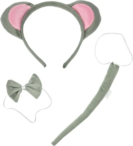 4E's Novelty Juego de 3 piezas de disfraz de ratón para niños y adultos, diadema de orejas de ratón, pajarita y cola para accesorios de disfraces de