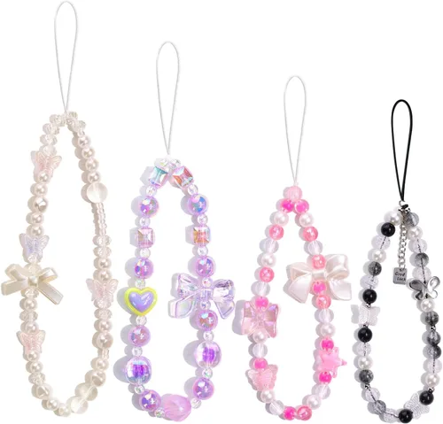 Vista 10 de 4 piezas de lindos encantos para teléfono con estilo Y2K, correa de muñeca para celular con cuentas brillantes, oso, cruz, corazón, accesorios