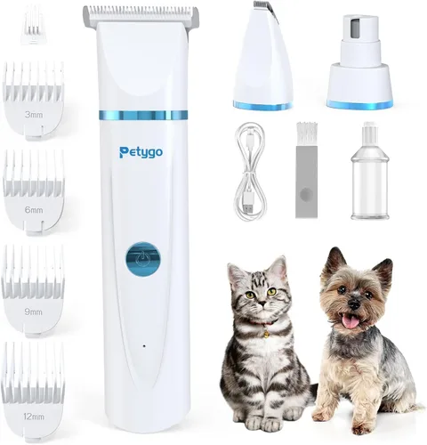 Kit de aseo 3 en 1 para perros y gatos – Cortapelos inalámbrico recargable para mascotas con molinillo de uñas y recortador de patas y 5 peines
