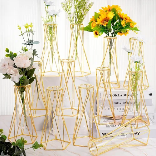 Vista 8 de Dandat Jarrón geométrico dorado de 12 piezas para centros de mesa, jarrón de vidrio con soporte de metal, jarrón hidropónico, florero moderno