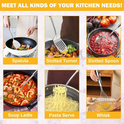 Vista 3 de Juego de 6 piezas de utensilios de cocina de acero inoxidable, utensilios de cocina con mango suspendido, espátula, espumadera, cucharón, cuchara
