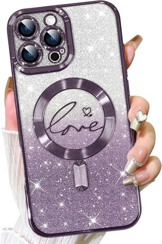 Vista 92 de Fiyart Compatible con iPhone 14 Pro Max Funda, Compatible con MagSafe Chapado Corazón de Amor Protección de Cámara TPU Magnético con Purpurina