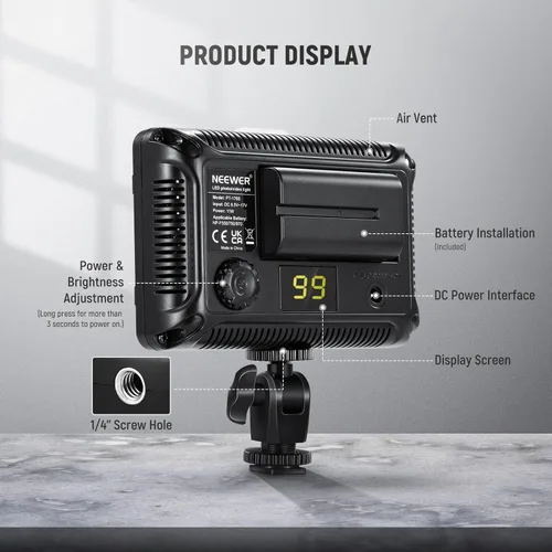 Vista 7 de Neewer Luz de Vídeo para Cámara con 176 LED Regulables, Panel con Rosca de 1/4 Pulgadas para Canon, Nikon, Sony y Otras Cámaras DSLR, 5600K