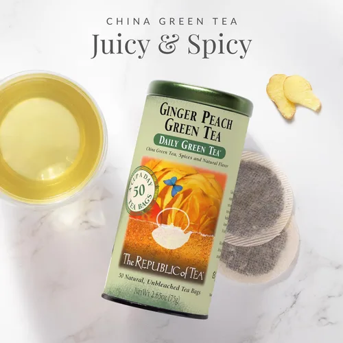 Vista 3 de The Republic of Tea - Té verde con jengibre y melocotón, 50 bolsas de té, lata Té de frutas con sabor Con cafeína