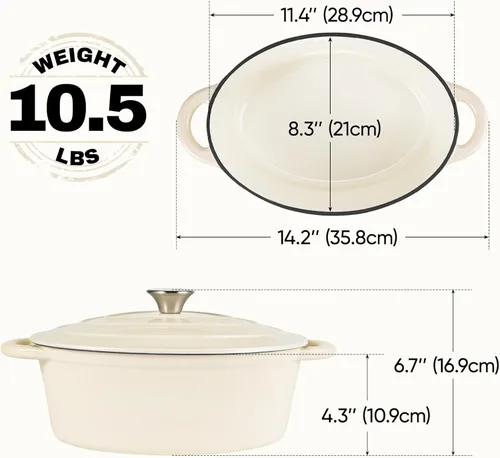 Vista 3 de Horno holandés ovalado para hornear pan, olla holandesa de hierro fundido esmaltado antiadherente de 4.5 cuartos con tapa, cacerola ovalada apta