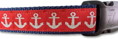 Vista 5 de Collar de perro de ancla azul mediano – Collar náutico hecho a mano con correa roja – Ajustable para razas medianas