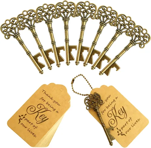 Vista 7 de WODEGIFT 60 abrebotellas con llave, recuerdos de boda, regalos de fiesta de despedida de soltera con etiqueta de tarjeta y cadenas, decoraciones