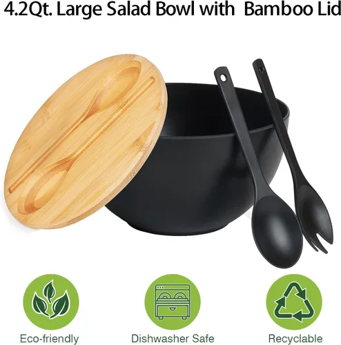Vista 3 de Tazón grande de ensalada de 10 pulgadas con utensilios en la tapa, ensaladera de fibra de bambú con tapa, tazón de mezcla con servidores para pasta