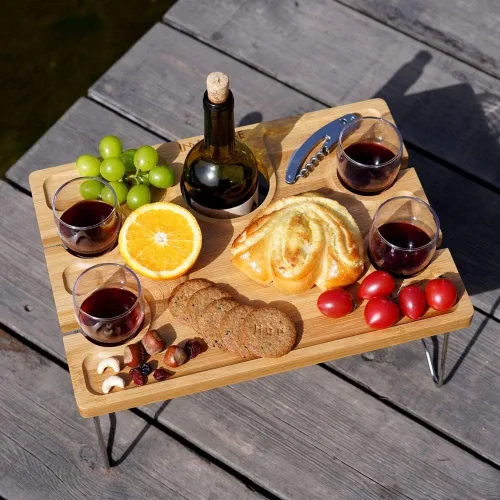 Vista 3 de INNO STAGE Mesa de picnic portátil con soporte para copas de vino y botellas, bandeja plegable de bambú para aperitivos al aire libre, camping