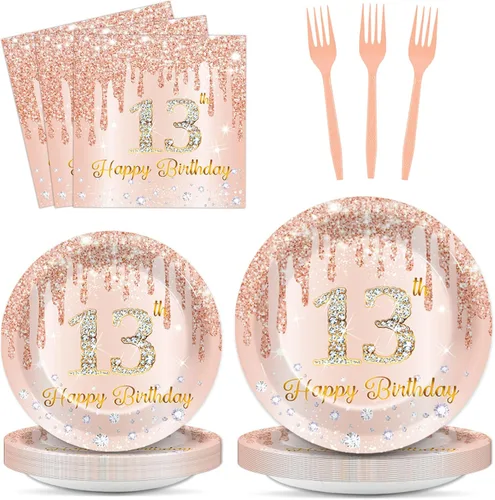 Vista 58 de 96 piezas de platos y servilletas de oro rosa para fiesta de cumpleaños número 9 para niñas, suministros de fiesta de oro rosa, juego de vajilla