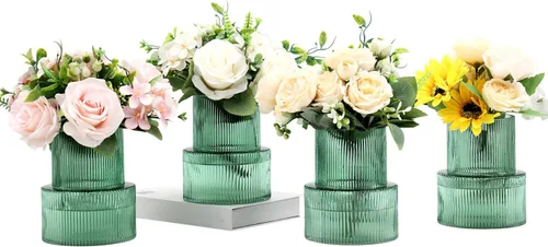 Vista 40 de Jarrones de vidrio acanalado, juego de 2 jarrones estriados para flores, florero de vidrio ámbar para tulipanes, jarrón moderno para sala de estar