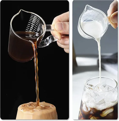 Vista 3 de Taza medidora de vidrio de 4 1/2 onzas con doble boquilla para café expreso, vaso graduado con mango aislado, jarra triple de escala transparente