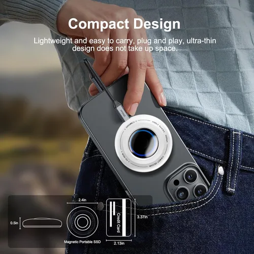 Vista 3 de FP108 SSD portátil magnético de 2 TB, unidades externas de estado sólido con PD-100W y 2050MB/s USB-C 3.2 Gen 2x2, reproducción mientras se carga