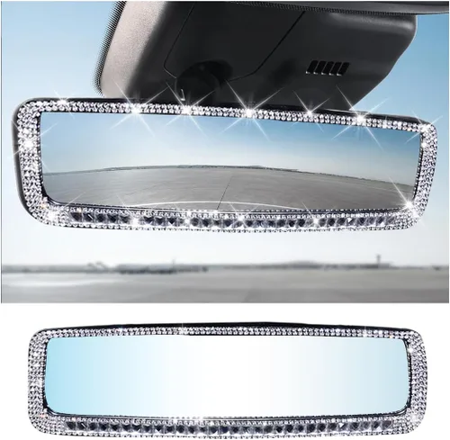 Vista 8 de AUCELI Espejo retrovisor para automóvil, espejo retrovisor interior con diamantes de imitación brillantes con vidrio HD, espejo retrovisor con clip