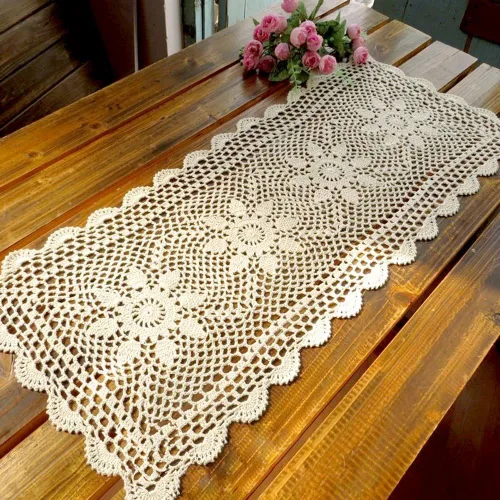 Vista 2 de KEPSWET Camino de mesa rectangular de encaje de ganchillo hecho a mano con girasol de algodón para decoración de mesa auxiliar