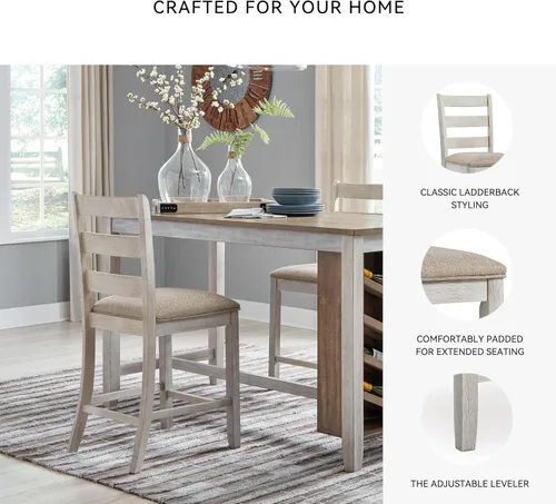 Vista 5 de Signature Design by Ashley Skempton 2 taburetes de bar tapizados de 24 pulgadas de altura de mostrador – Coastal Chic Escalera, Blanco Antiguo