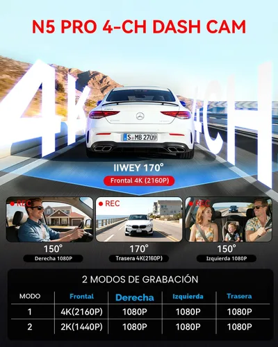 Vista 3 de Cámara de tablero N5 PRO 4K de 4 canales, visión completa de 360°, parte trasera e interior de 1080P, WiFi 5G 6, hasta 10MB/s, GPS integrado, visión