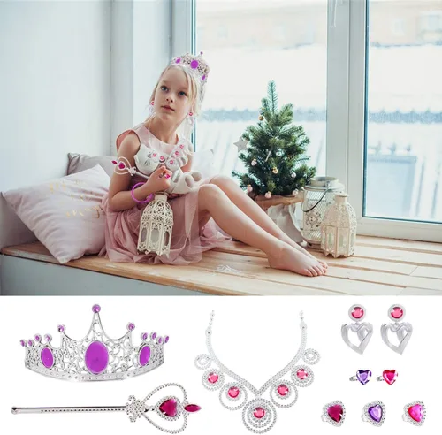 Vista 7 de NINAOR Paquete de 56 joyas de princesa para niñas, accesorios de vestir de princesa, joyas de juego para niñas, incluye corona, varita, collar