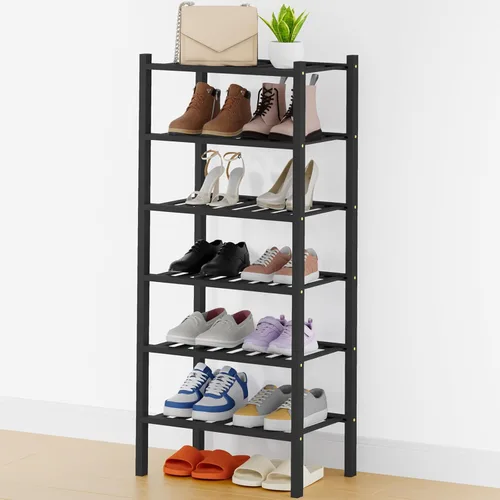 Vista 144 de Smiry Zapatero pequeño de bambú de 2 niveles, apilable, estante de almacenamiento de zapatos de madera para armario, entrada, entrada de puerta Negro