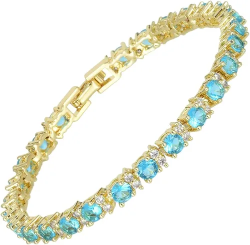 RIZILIA Eternity 14K Gold Plated Multicolor CZ Birthstone Tennis Bracelet Azul aguamarina