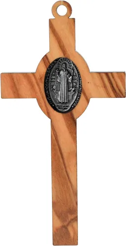 Vista 2 de Cruz de madera con Jesús y San Benito Medalla con cordón, Plástico, N / A