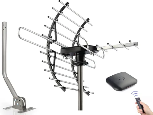 PIBIDI Antena digital de TV HD, antena amplificada para ático/exterior, control remoto inalámbrico de rotación de 360 grados, 4K 1080P VHF UHF,