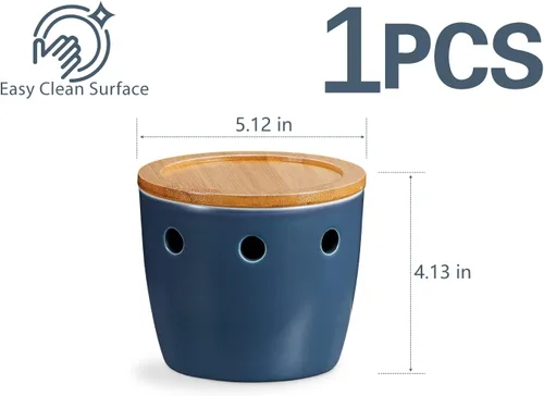 Vista 6 de ONEMORE Porta ajos grande con tapa, recipiente de cerámica para ajos de 5 pulgadas, porta ajos para mostrador, azul