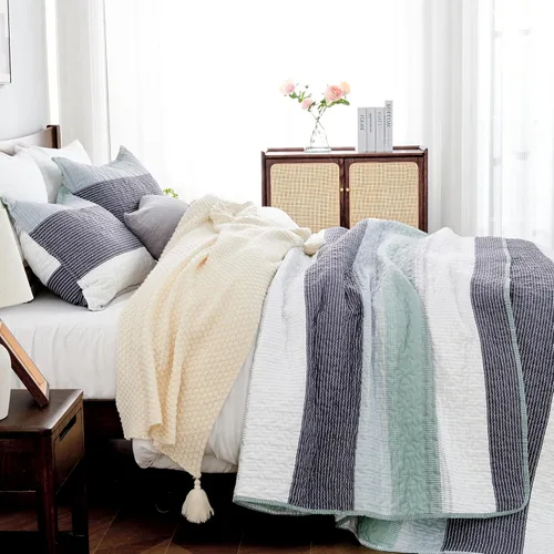 Vista 2 de Andency Juego de ropa de cama tamaño Queen, 3 piezas de retazos verde menta, a rayas, ultra suave, ligero, juego de colcha con 2 fundas de almohada