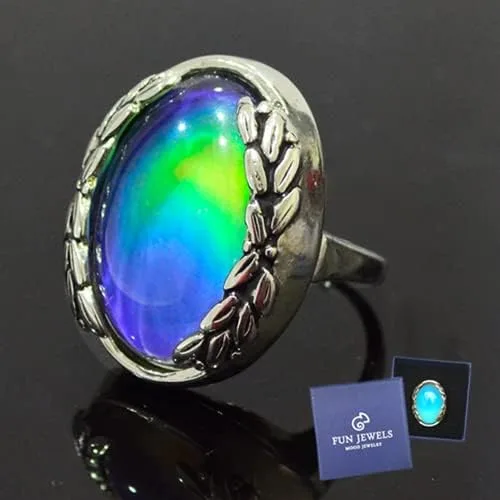 Vista 9 de Anillo de estado de ánimo ovalado de hoja de piedra con cambio de color plateado antiguo, tamaño 6-10 para mujer