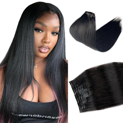 Vista 32 de Extensiones de cabello humano real con clip, rubio ceniza balayage con reflejos rubios, extensiones de cabello humano real Remy con clip, 12