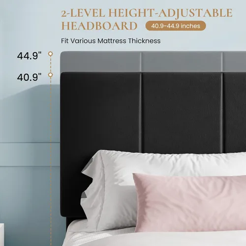 Vista 5 de SHA CERLIN Marco de cama tamaño queen, cama de plataforma tapizada en terciopelo holandés, cabecera ajustable con canales verticales acolchados