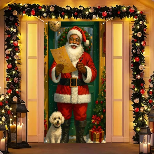 BlissYard Cubierta de puerta de Feliz Navidad de 71 x 35 pulgadas, cartel festivo para puerta de porche frontal, decoración de invierno de Papá Noel