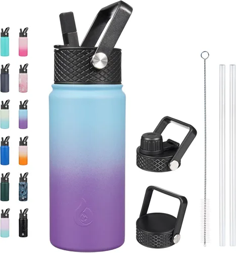 Vista 117 de BJPKPK - Botellas de agua aisladas con tapa con popote, botella grande de metal de 32 onzas con 3 tapas, termo reutilizable sin fugas y sin BPA