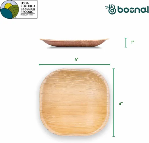 Vista 3 de BOSNAL - Platos biodegradables de hoja de palma, 4 pulgadas, cuadrados, 25 piezas, compostables, estilo de bambú y madera, apilables, grado