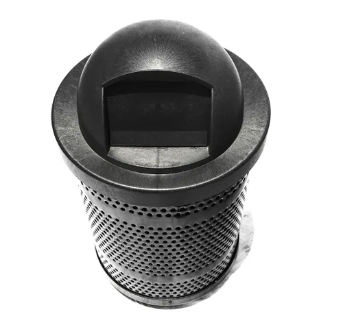 Vista 8 de Bote de basura de metal perforado termoplástico de 32 galones con tapa de cúpula de espuma estructural, color negro