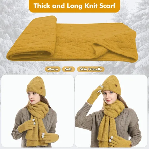 Vista 4 de Gorro de punto de invierno para mujer con guantes para pantalla táctil, gorro de pompón, bufandas para el cuello para hombres