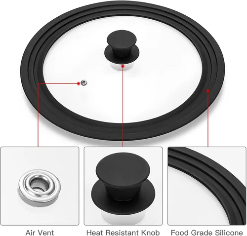 Vista 3 de Tapa universal para ollas, sartenes y sartenes, vidrio templado ventilado con borde de silicona resistente al calor, se adapta a utensilios