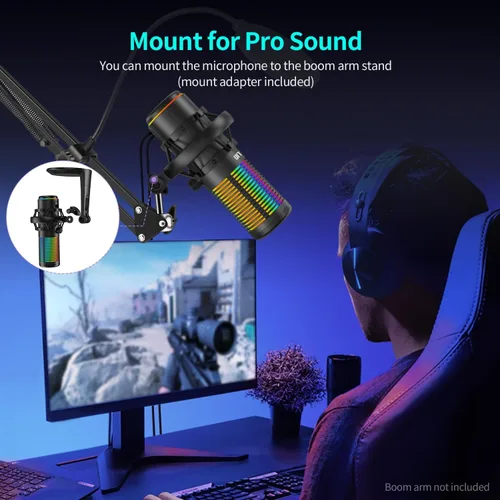 Vista 7 de TOALLIN CM20P - Micrófono de condensador USB con luces RGB para juegos, transmisión, podcasting, grabación, 192 kHz/24 bits, cancelación de ruido