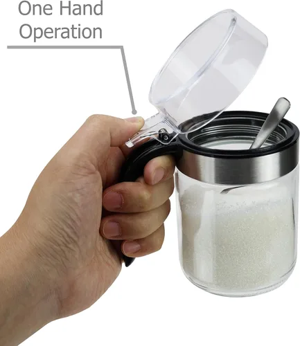 Vista 2 de EIKS Olla de vidrio para condimentos con cuchara, recipiente para condimentos para almacenar servir condimentos de sal y especias en el hogar