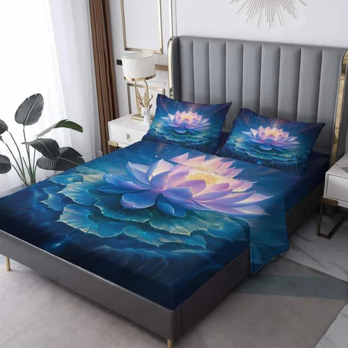 Lotus Sábanas tamaño individual – Sábanas de cama de flor de loto, microfibra suave, bolsillo profundo, sábanas y fundas de almohada sin arrugas, 3