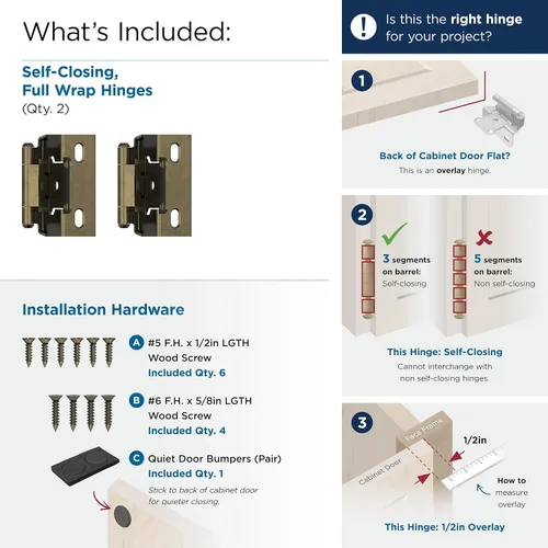Vista 3 de Amerock BPR7540BB Bisagra de gabinete 1/2 pulg (13 mm) superpuesta de cierre automático de envoltura completa de latón pulido para puerta