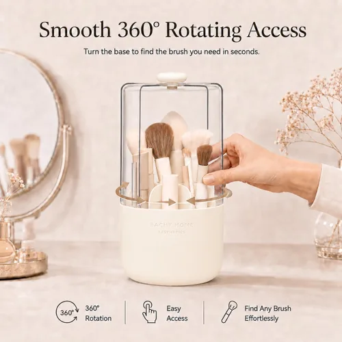 Vista 4 de EACHY Soporte para brochas de maquillaje giratorio de 360° con tapa a prueba de polvo, material impermeable, 7 compartimentos para almacenamiento