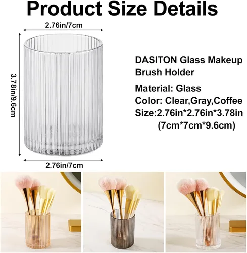 Vista 7 de DASITON Makeup Brush Holder Organizer, Crystal Cosmetic Makeup Brushes Storage Holder, Glass Make Up Brush Holder, Vintage Striped Make Up Cup Desk