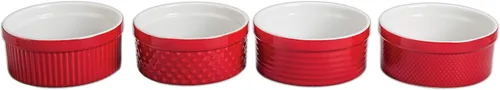 Vista 2 de BIA Cordon Bleu Plato redondo para soufflé con textura de clavo de porcelana de 1 cuarto de galón, rojo/blanco