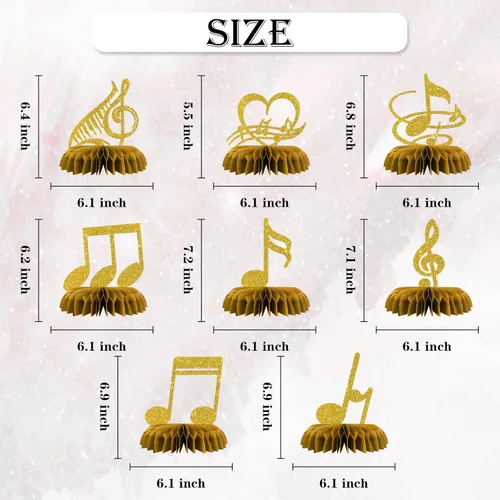 Vista 7 de Maicaiffe Decoraciones de centros de mesa de nido de abeja con notas musicales, 8 piezas con purpurina, decoración de mesa para fiesta temática