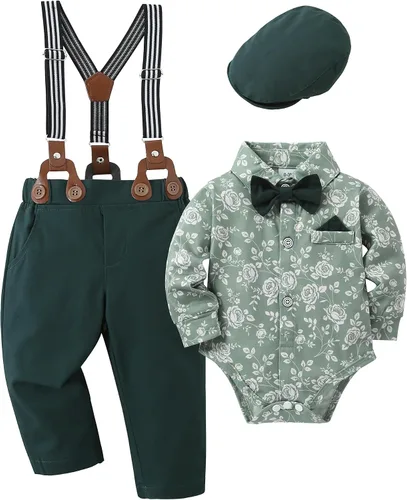 YALLET Conjunto de ropa para bebé niño esmoquin de manga larga para caballero + sombrero de boina + pantalones con tirantes + corbatín de 0 a 18
