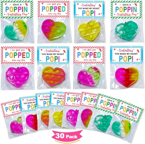 Vista 8 de JUNQIU Tarjetas del Día de San Valentín para Niños de Escuela, Paquete de 30 Tarjetas Pop It de San Valentín, Tarjetas de Intercambio de San